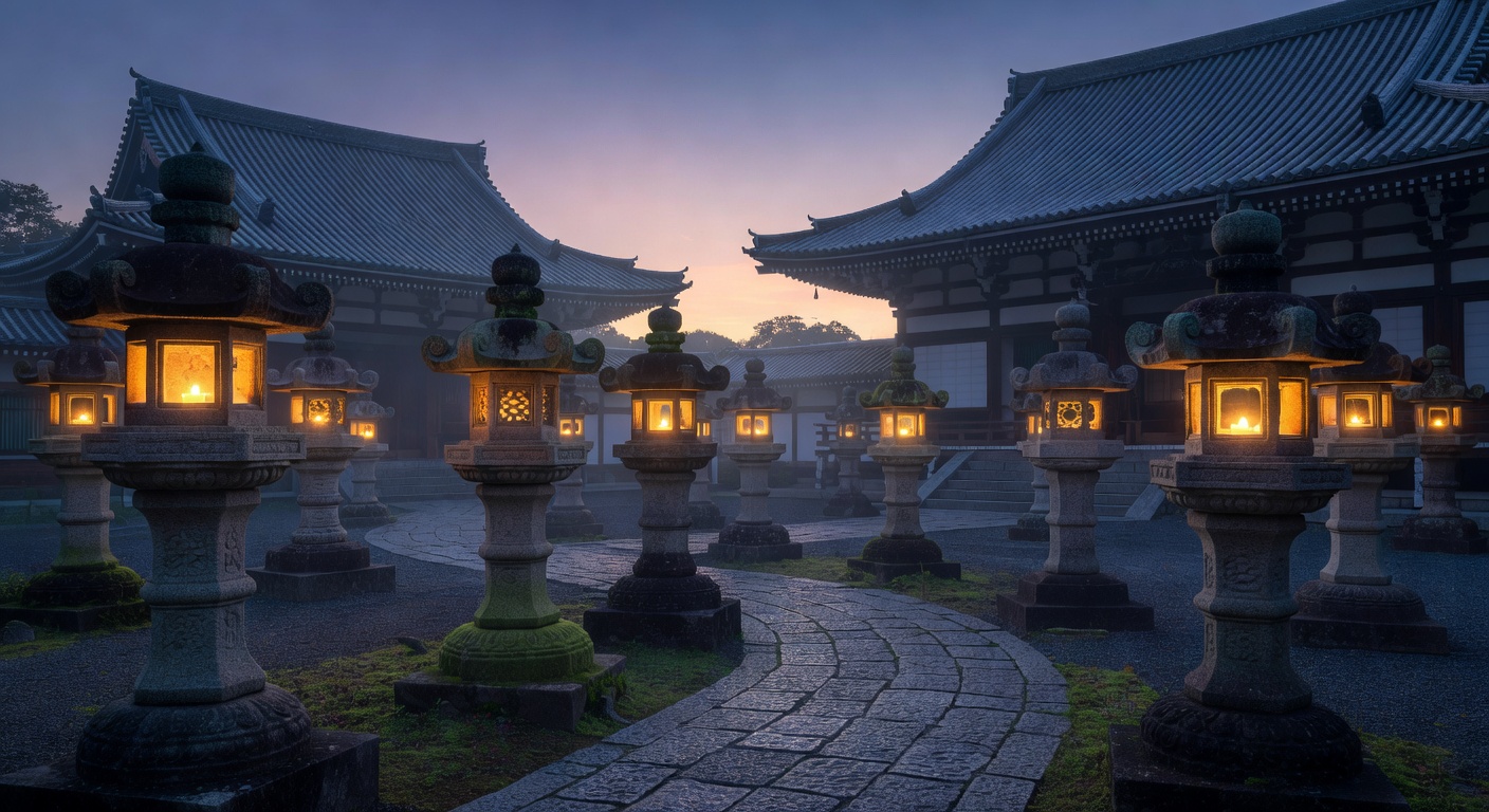 Temple lanterns at dusk